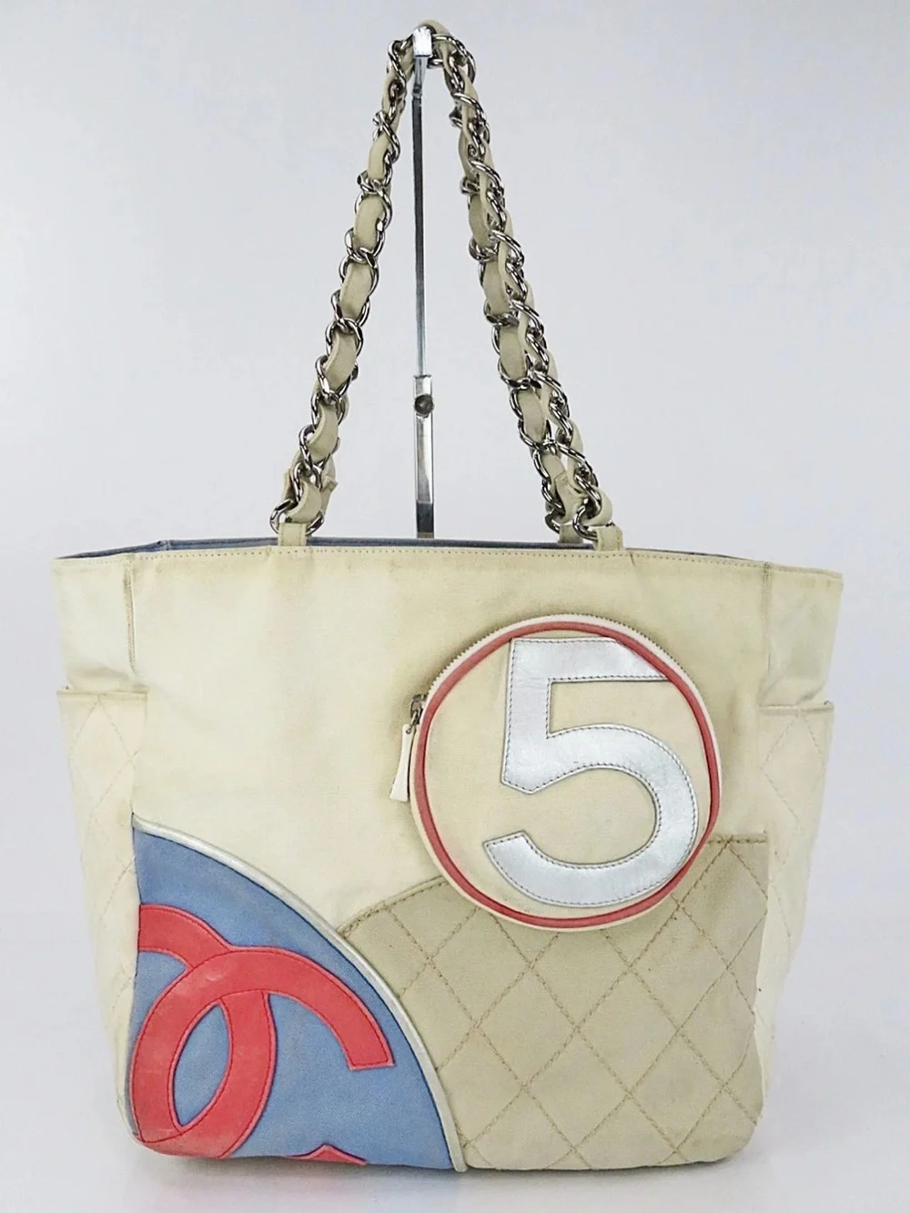 CHANEL Beige Quilted Leather Tote with Blue and Coral Trim